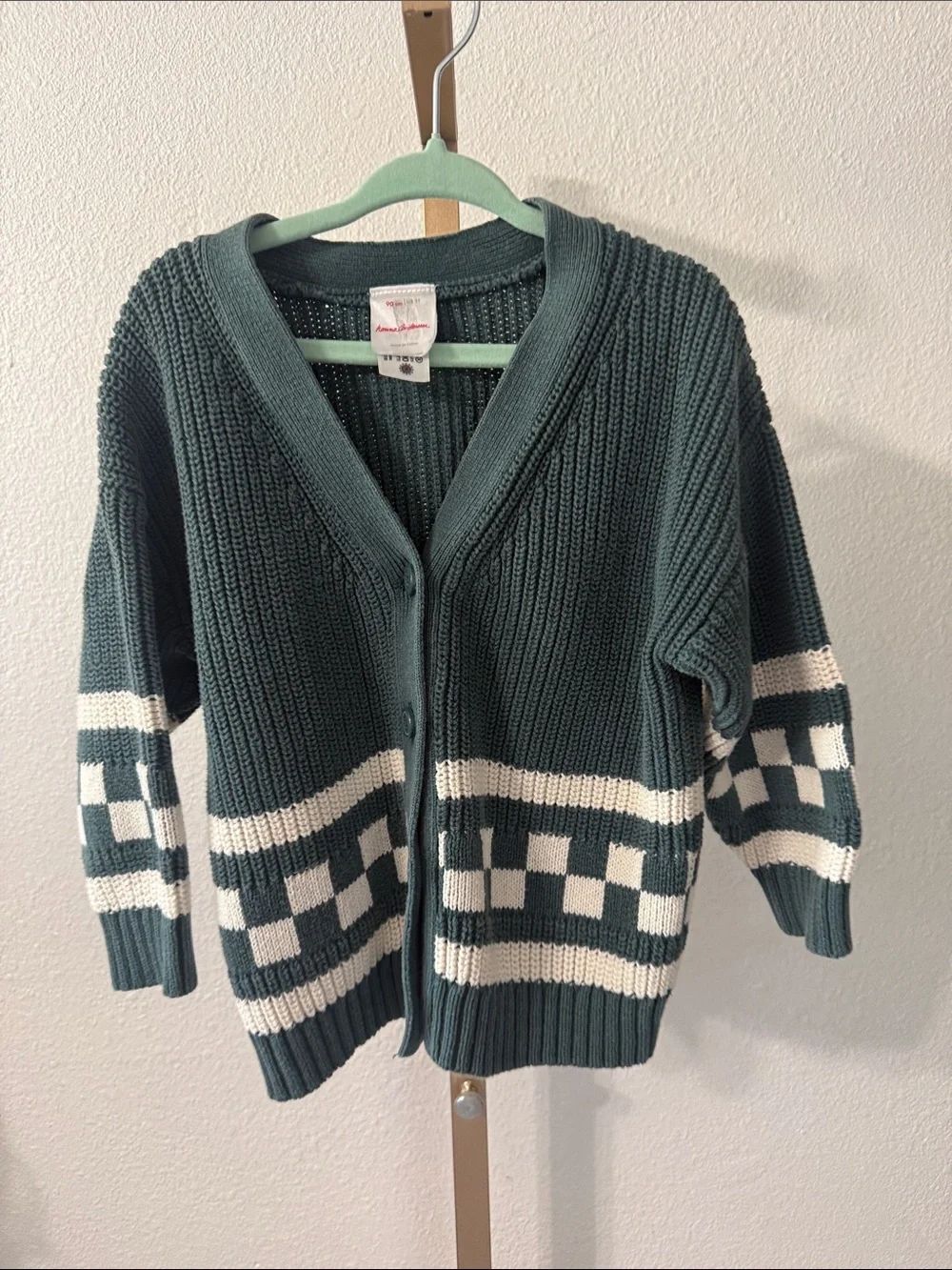 HANNA ANDERSSON- Green Checker Knit Button-Front Cardigan Sweater- Toddler 3T
